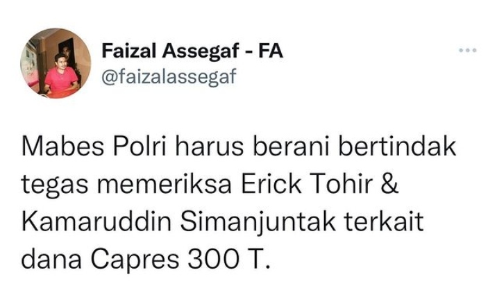 Faizal Assegaf: Mabes Polri Harus Periksa Erick Thohir dan Kamaruddin Terkait Rp 300 T Dana Capres di PT Taspen
