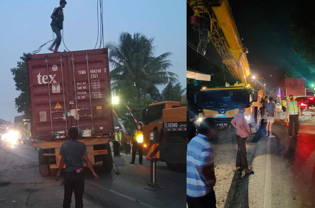 Truk Kontainer Terguling, Jalinsum Tebingtinggi-Batubara Macet Sepanjang 5 Kilometer