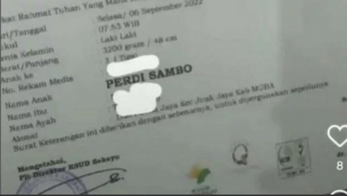 Heboh Kasus Ferdy Sambo, Pasutri di Sumsel Nekat Tabalkan Nama Anaknya Perdi Sambo