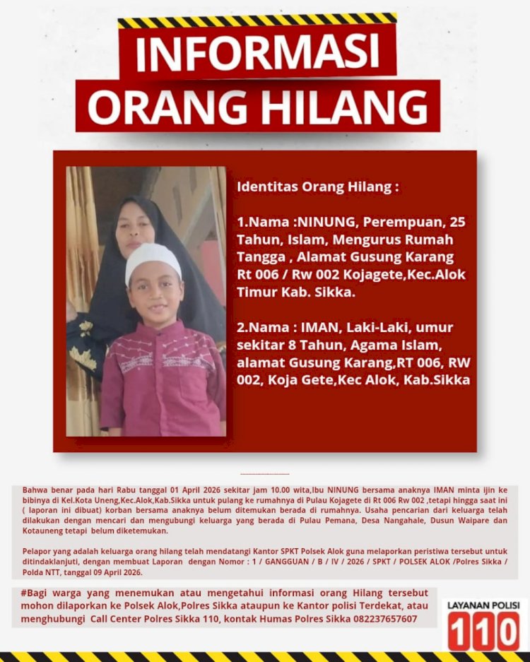 Ibu Dan Anak di Kabupaten Sikka Hilang, Keluarga Lapor ke Polisi